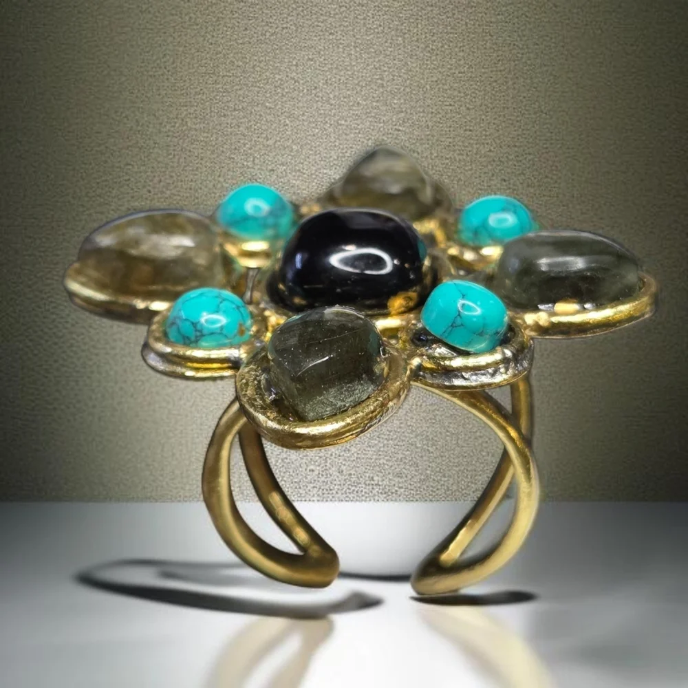 18k Gold Plated Maltese Cross Genuine Turquoise Labradorite Onyx Gemstone Ring